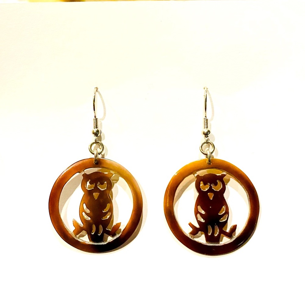 Unique Carved Shell Owl Earrings